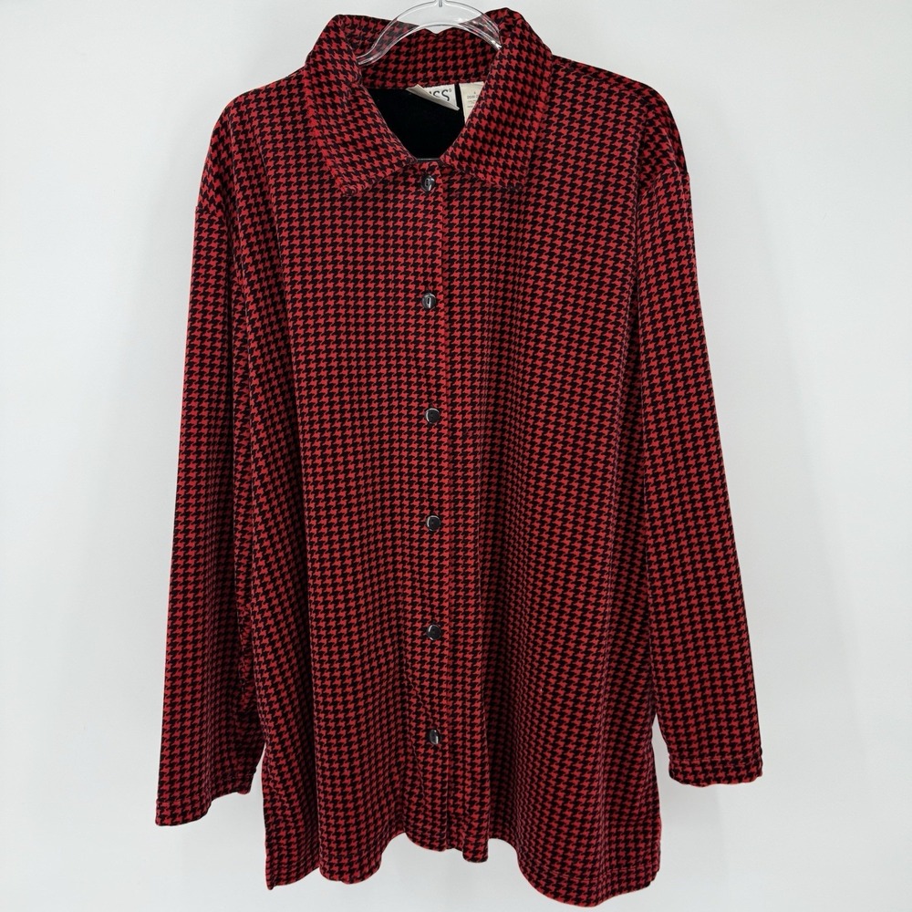 Vintage Red And Black Houndstooth Velvet Velour Button Up Long Sleeve 26W-28W
